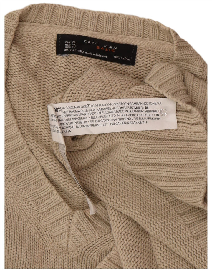Zara Herren V-Ausschnitt Pullover Pullover XL Beige Baumwolle