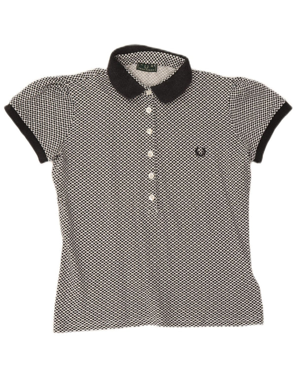 FRED PERRY Womens Polo Shirt UK 12 Medium Navy Blue Floral Cotton