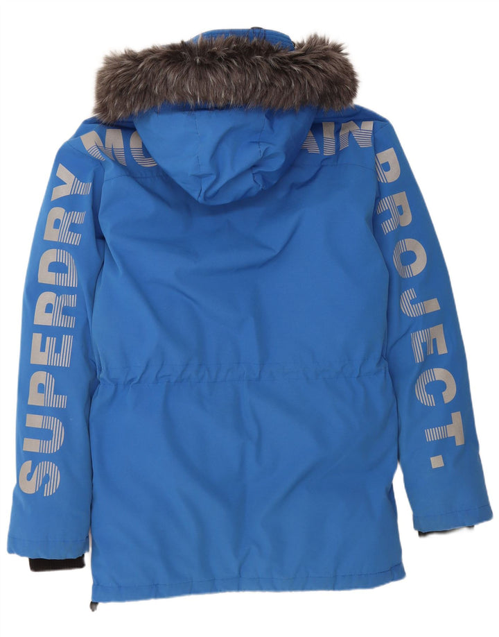 SUPERDRY Wattierter Herrenmantel mit grafischer Kapuze, UK 36, Größe S, blaues Nylon