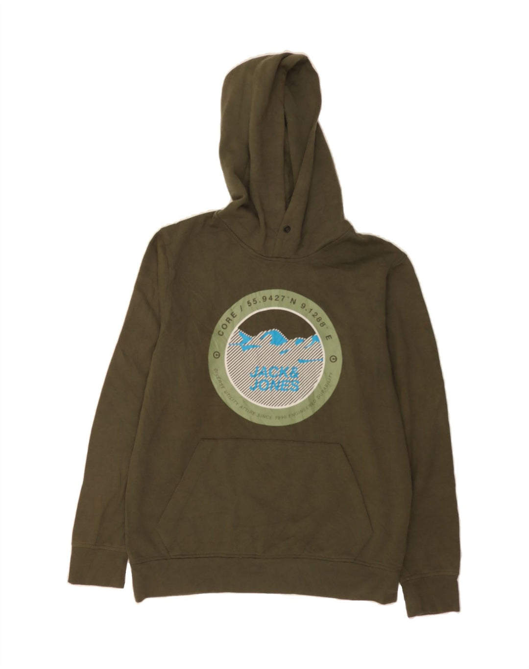 JACK & JONES Mens Graphic Hoodie Jumper Large Khaki Polyester Vintage Jack & Jones and Second-Hand Jack & Jones from Messina Hembry 