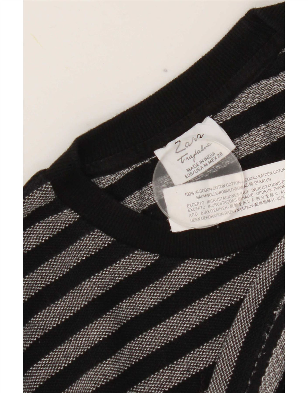 Zara Damen Graphic Top Langarm UK 14 Mittelschwarz gestreift Baumwolle