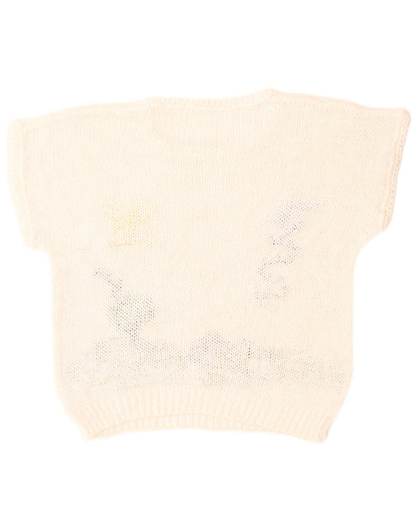 Vintage Damen Pullover mit grafischem Rundhalsausschnitt, UK 14, Groß, Weiß