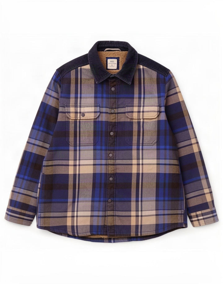 Marks & Spencer Herren Overshirt Holzfällerhemd XL Blau kariert Polyester