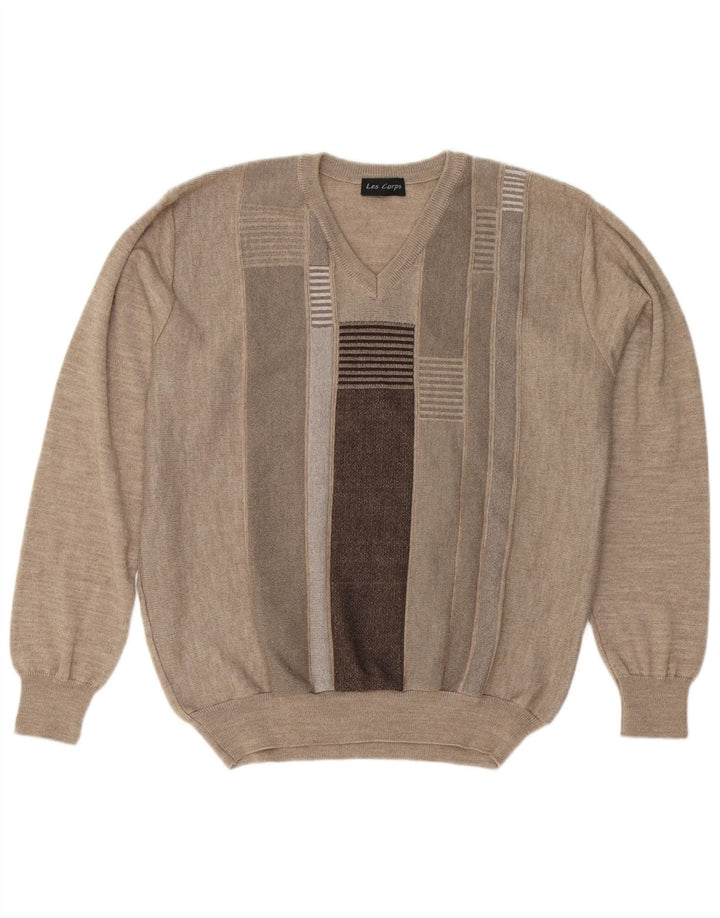 Les Corps Herren-Pullover mit V-Ausschnitt aus mittelbeiger, gestreifter Wolle