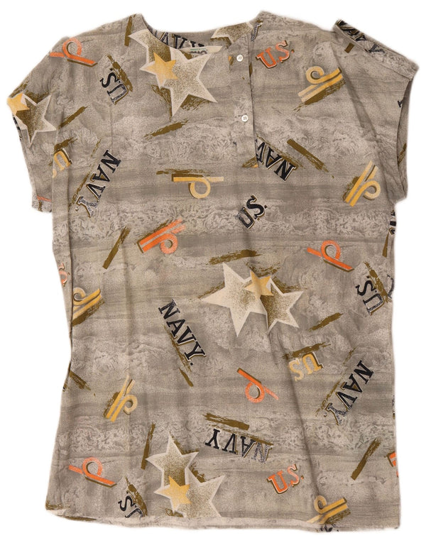 Ciao Damen-Bluse im Militär-Stil mit abstraktem Muster, UK-Größe 46, Größe L, Grau, Baumwolle