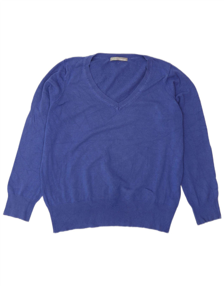 Marks & Spencer Damen-Pullover mit V-Ausschnitt, UK 16, Größe L, Blau, Polyamid