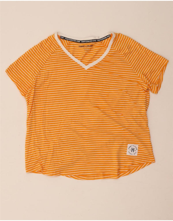 Tommy Hilfiger Damen Grafik-T-Shirt-Oberteil UK 14 Große orange gestreifte Baumwolle