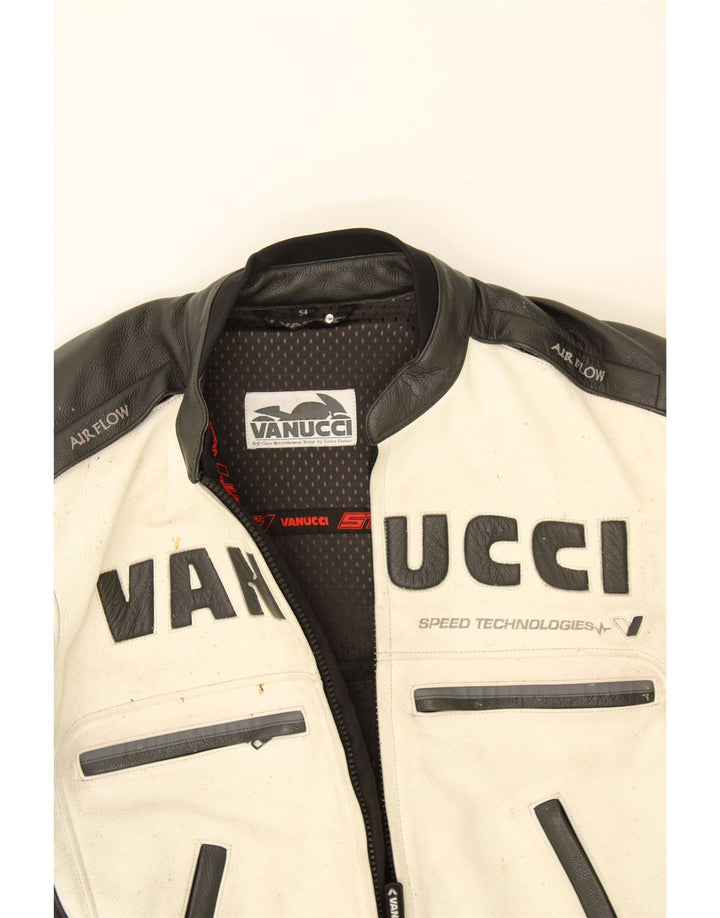 VANUCCI Mens Graphic Leather Racer Jacket IT 54 2XL Black Colourblock Vintage Vanucci and Second-Hand Vanucci from Messina Hembry 