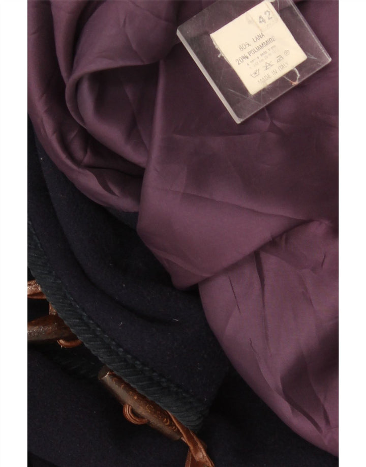 Vintage Damen Kapuzen-Übergröße-Dufflecoat IT 42 Mittelmarineblaue Wolle