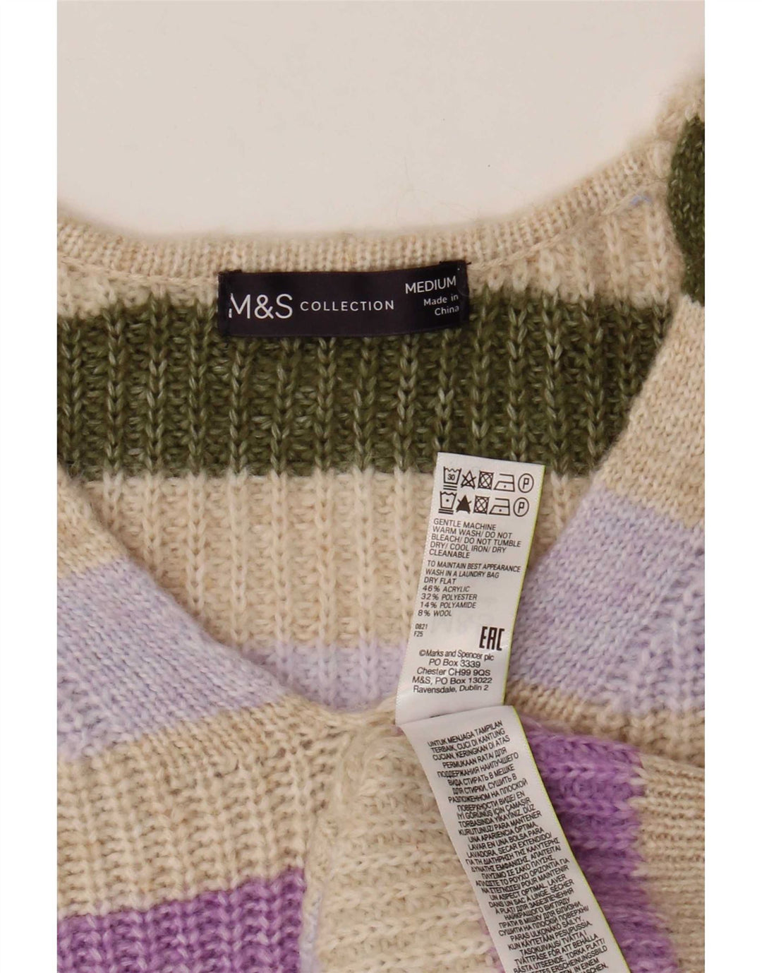 Marks & Spencer Damen-Pullover mit V-Ausschnitt, UK 14, Mittelbeige gestreift