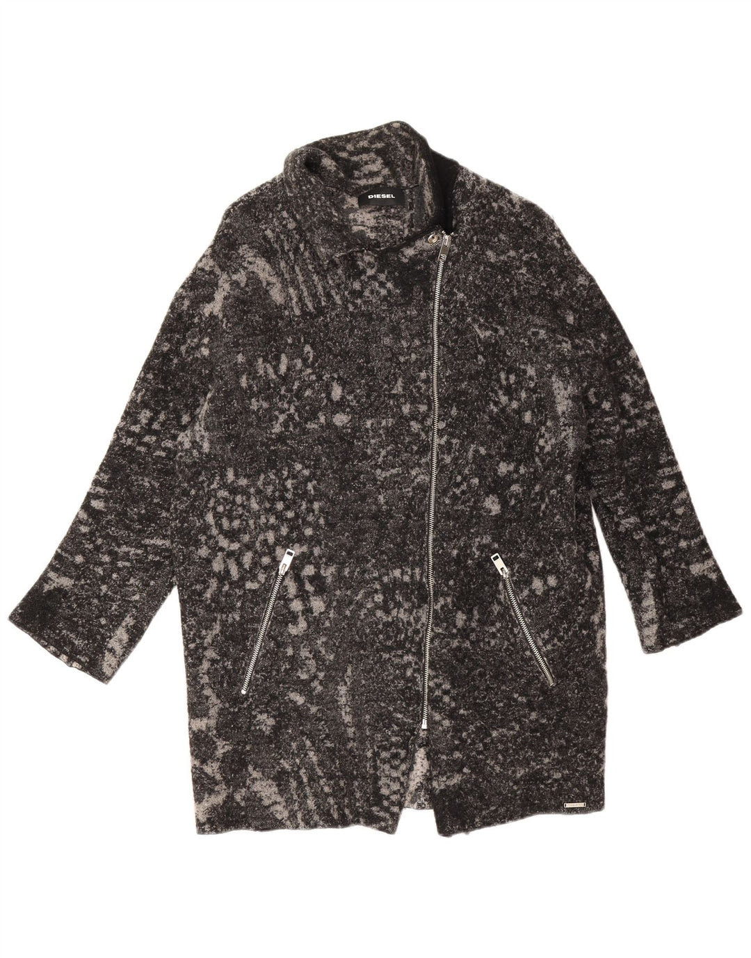 Diesel Damen Übergroßer Mantel UK 16 Große schwarze Wolle mit Animal-Print