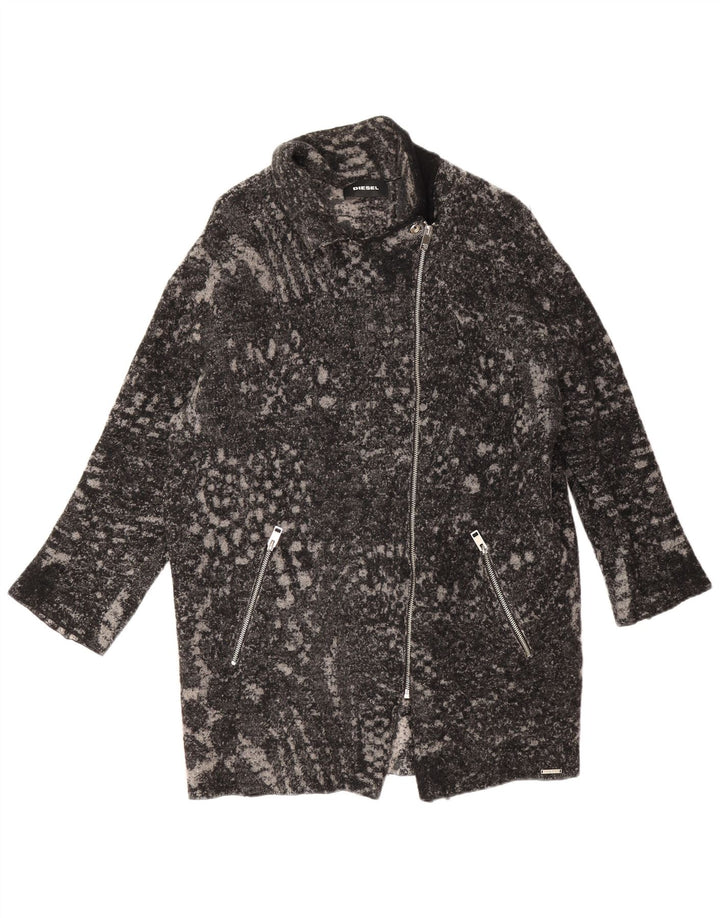 Diesel Damen Übergroßer Mantel UK 16 Große schwarze Wolle mit Animal-Print