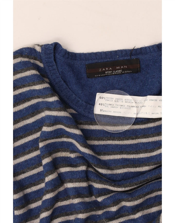 Zara Herren-Pullover mit Rundhalsausschnitt, mittelblau gestreift, Viskose