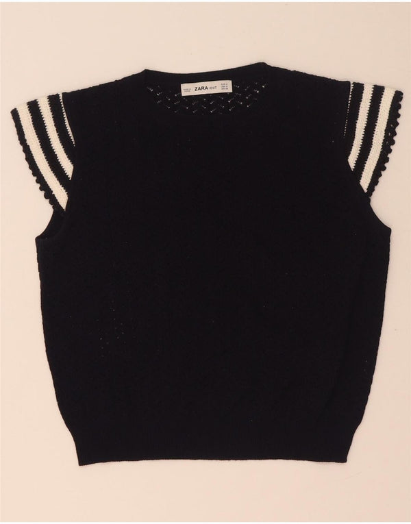 Zara Damen Crop Knit Bluse Top UK 12 Mittel Marineblau gestreift