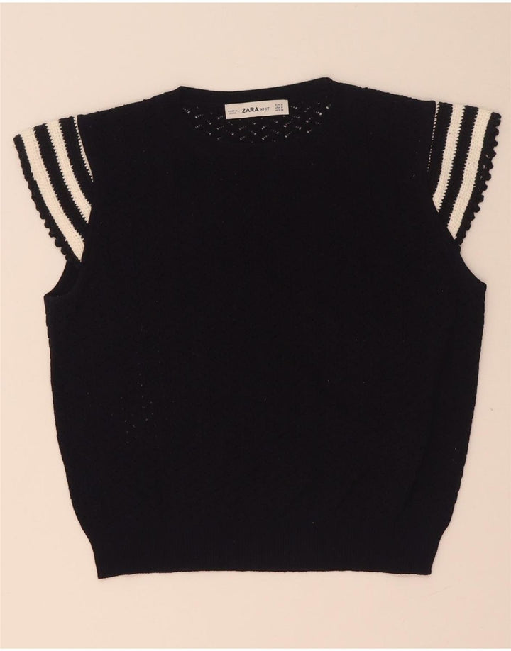 Zara Damen Crop Knit Bluse Top UK 12 Mittel Marineblau gestreift