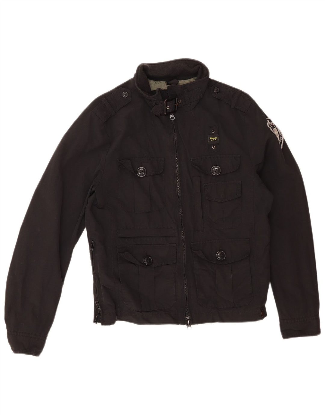 BLAUER Womens Graphic Military Jacket UK 14 Medium Black Cotton