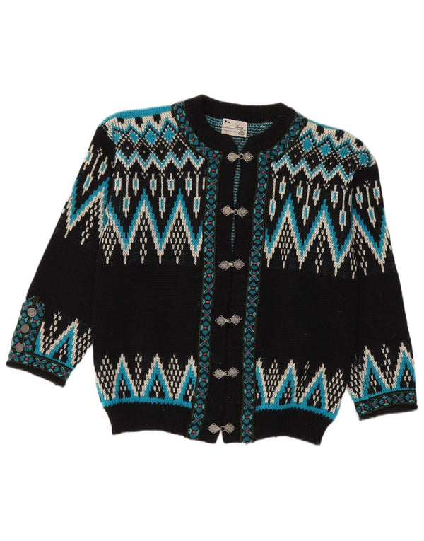 Vintage Damen Cardigan Pullover UK 14 Medium Black Fair Isle Wolle