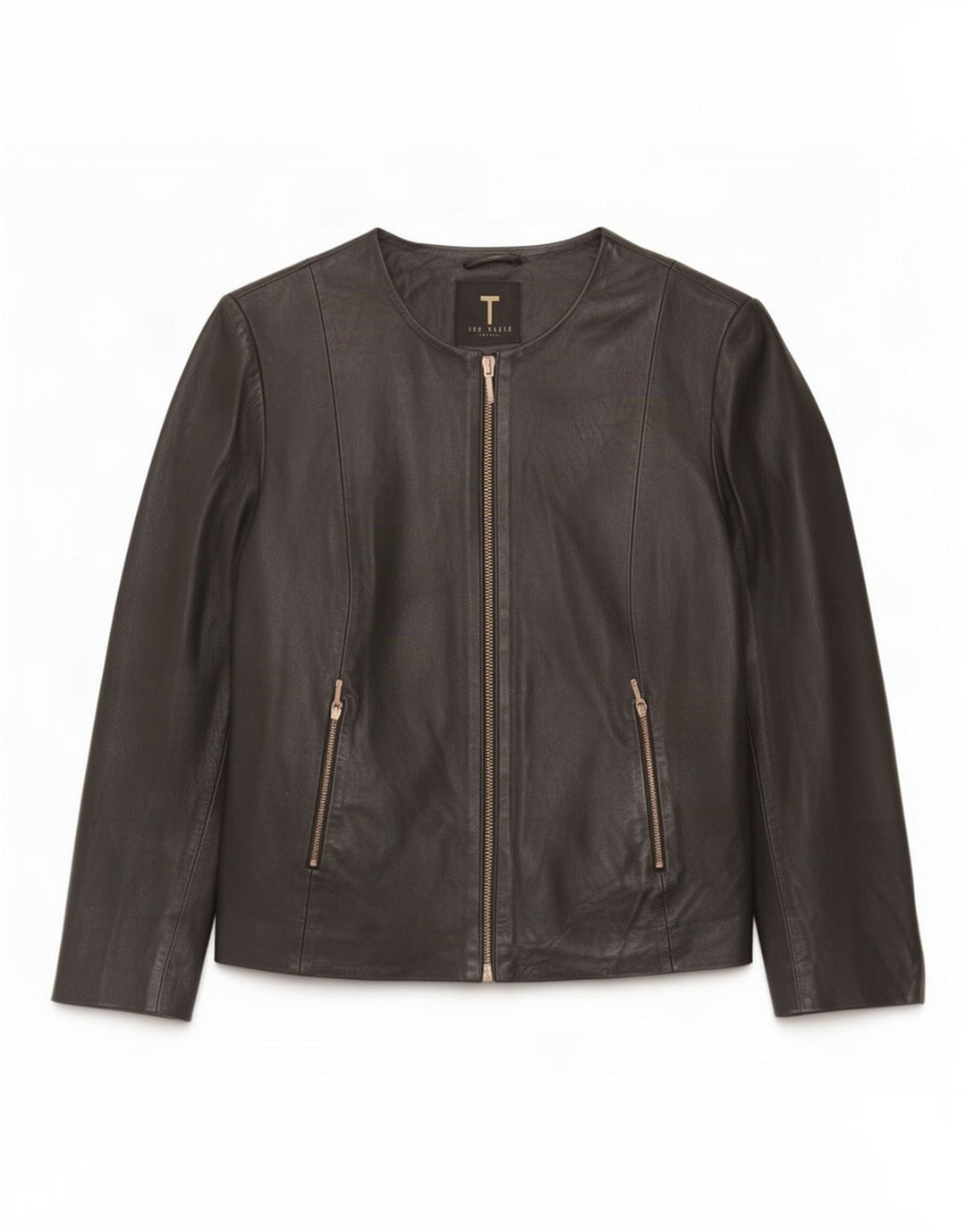 Ted Baker Damen Crop 3/4 Ärmel Lederjacke Größe 3 Medium Schwarz