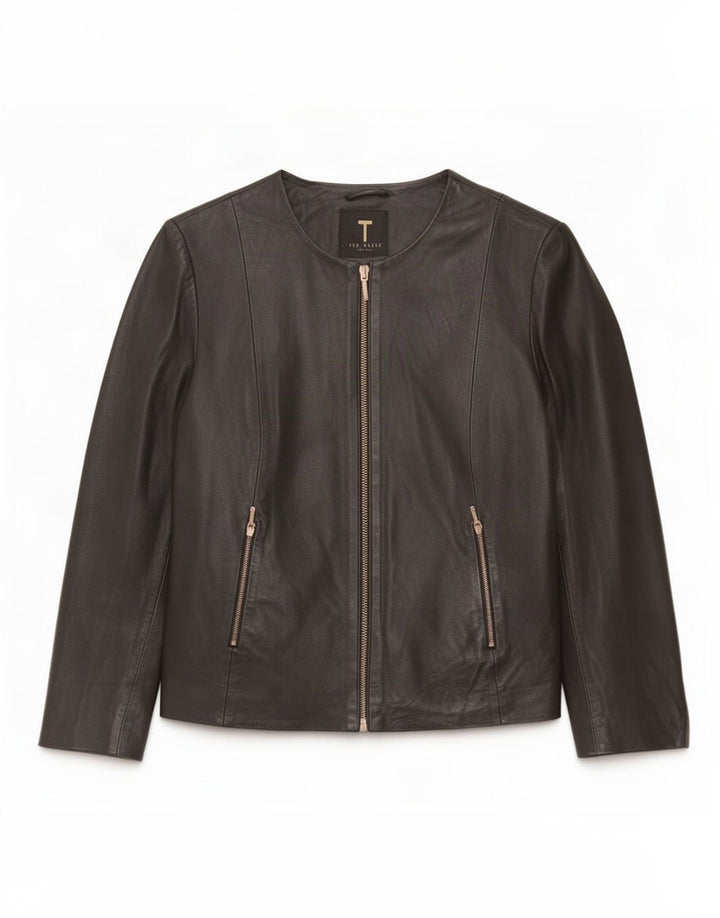 Ted Baker Damen Crop 3/4 Ärmel Lederjacke Größe 3 Medium Schwarz