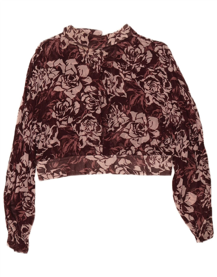 Vintage Damen Crop Shirt Bluse UK 12 Medium Maroon Floral