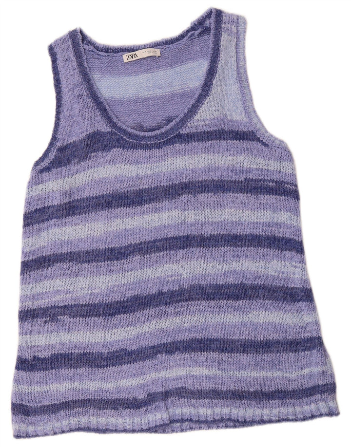 ZARA Damen Tanktop UK 14 Mittelblau gestreift aus Acryl
