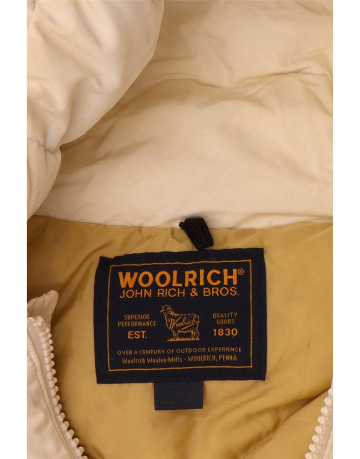 Woolrich Wattierte Herrenjacke mit Kapuze, UK 40, Größe L, cremefarbene Baumwolle