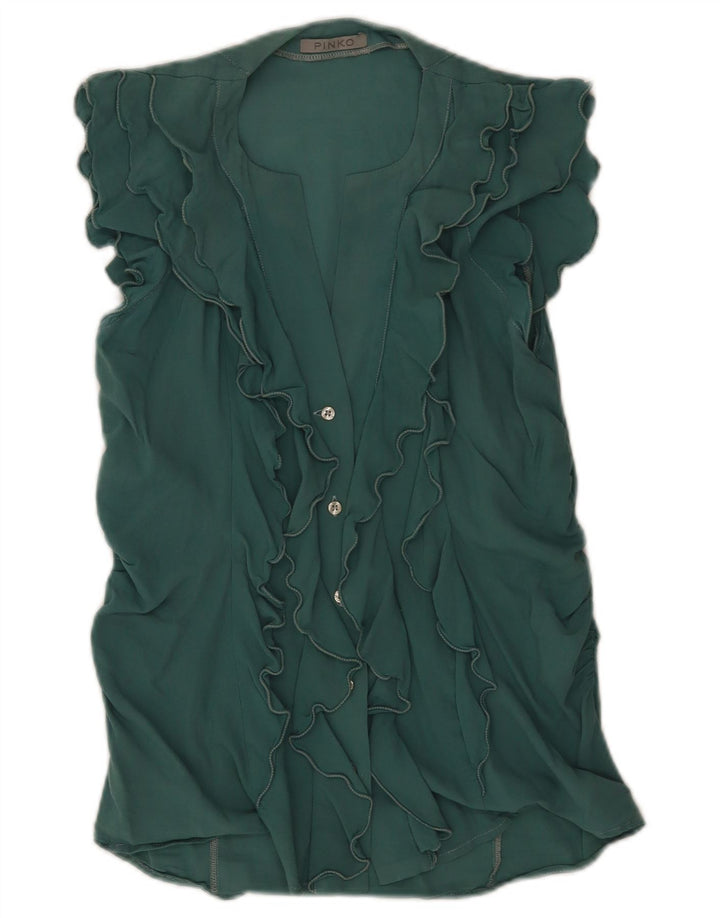 Pinko Damen-Hemdbluse mit kurzen Ärmeln und Rüschen vorne, UK 12, Mittelgrün