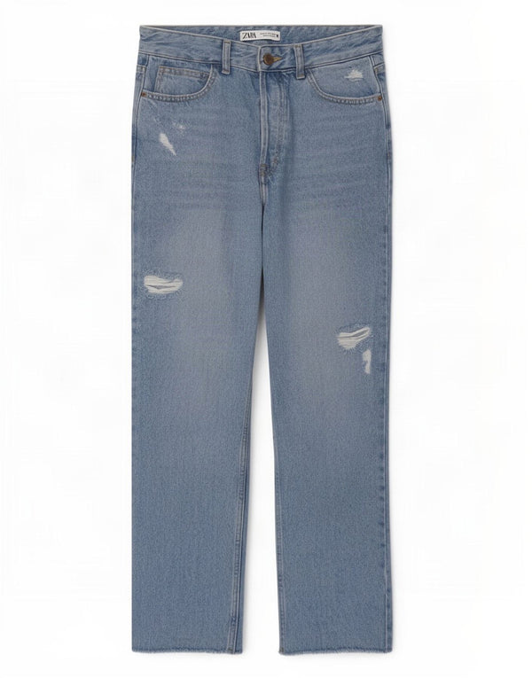 Zara Damen Distressed Straight Jeans EU 38 Small W28 L27 Blau