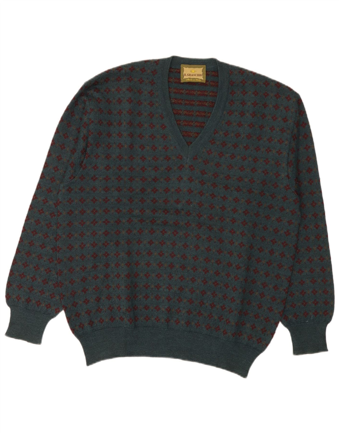 Il Granchio Herren-Pullover mit V-Ausschnitt, mittelgrüne Fair-Isle-Wolle