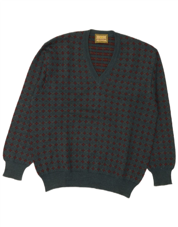 Il Granchio Herren-Pullover mit V-Ausschnitt, mittelgrüne Fair-Isle-Wolle