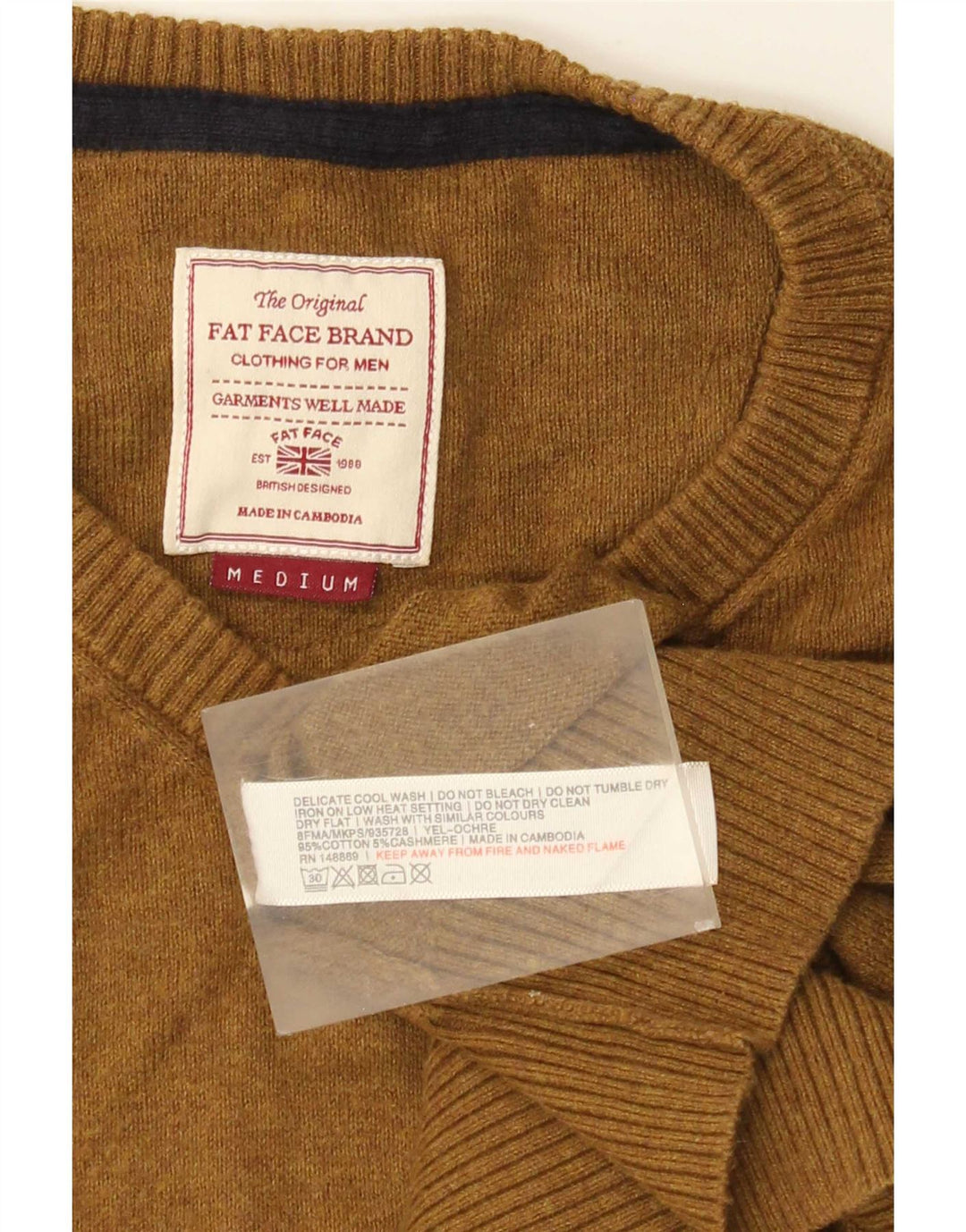 Fat Face Herren-Pullover mit V-Ausschnitt aus mittelbrauner Baumwolle