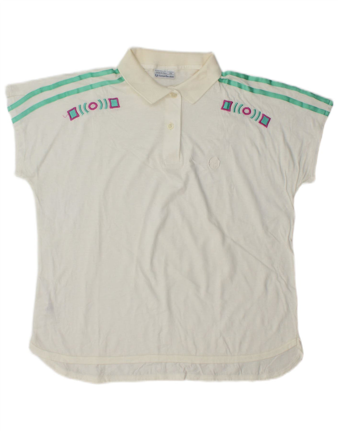 Sergio Tacchini Damen Poloshirt US 12 Große weiße geometrische Baumwolle