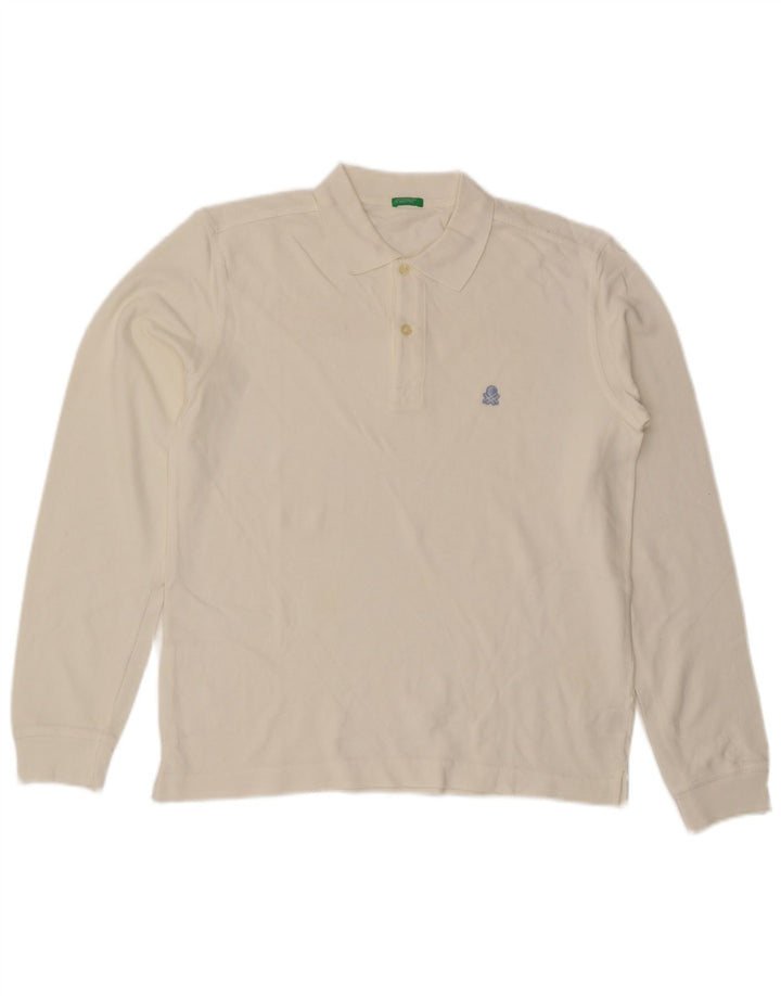 Benetton Herren-Langarm-Poloshirt aus mittelweißer Baumwolle