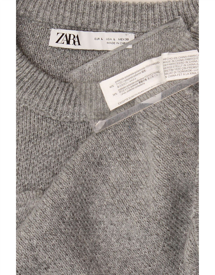 Zara Damen-Pullover mit Rundhalsausschnitt, UK 16, Größe L, Grau, Polyamid