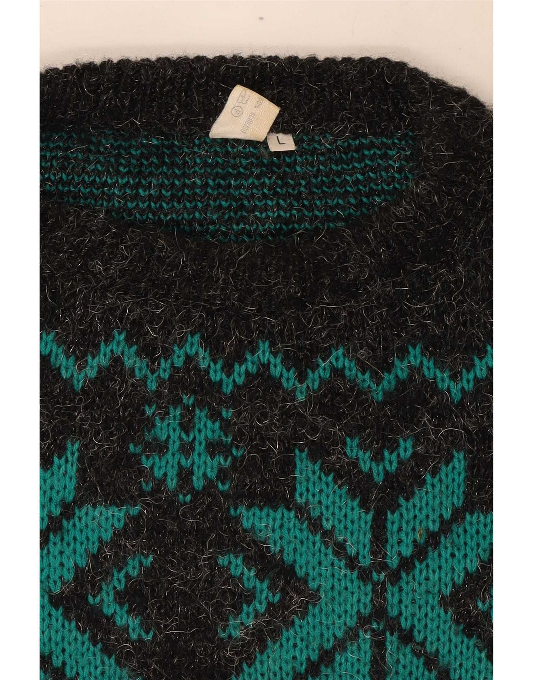 Vintage Herren-Pullover mit U-Boot-Ausschnitt, groß, graue Fair-Isle-Wolle
