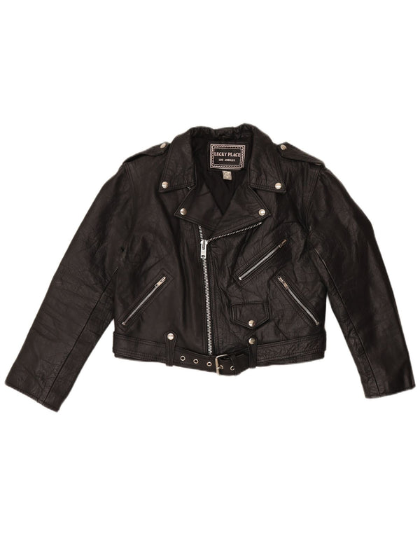 Vintage Damen Crop Leder Bikerjacke UK 18 XL Schwarzes Leder