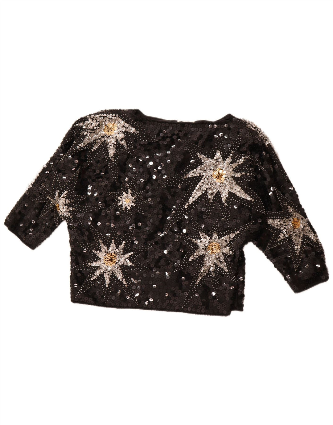 VINTAGE Damen Bluse mit abstraktem Muster, 3/4-Ärmel, EU 42, groß, Schwarz