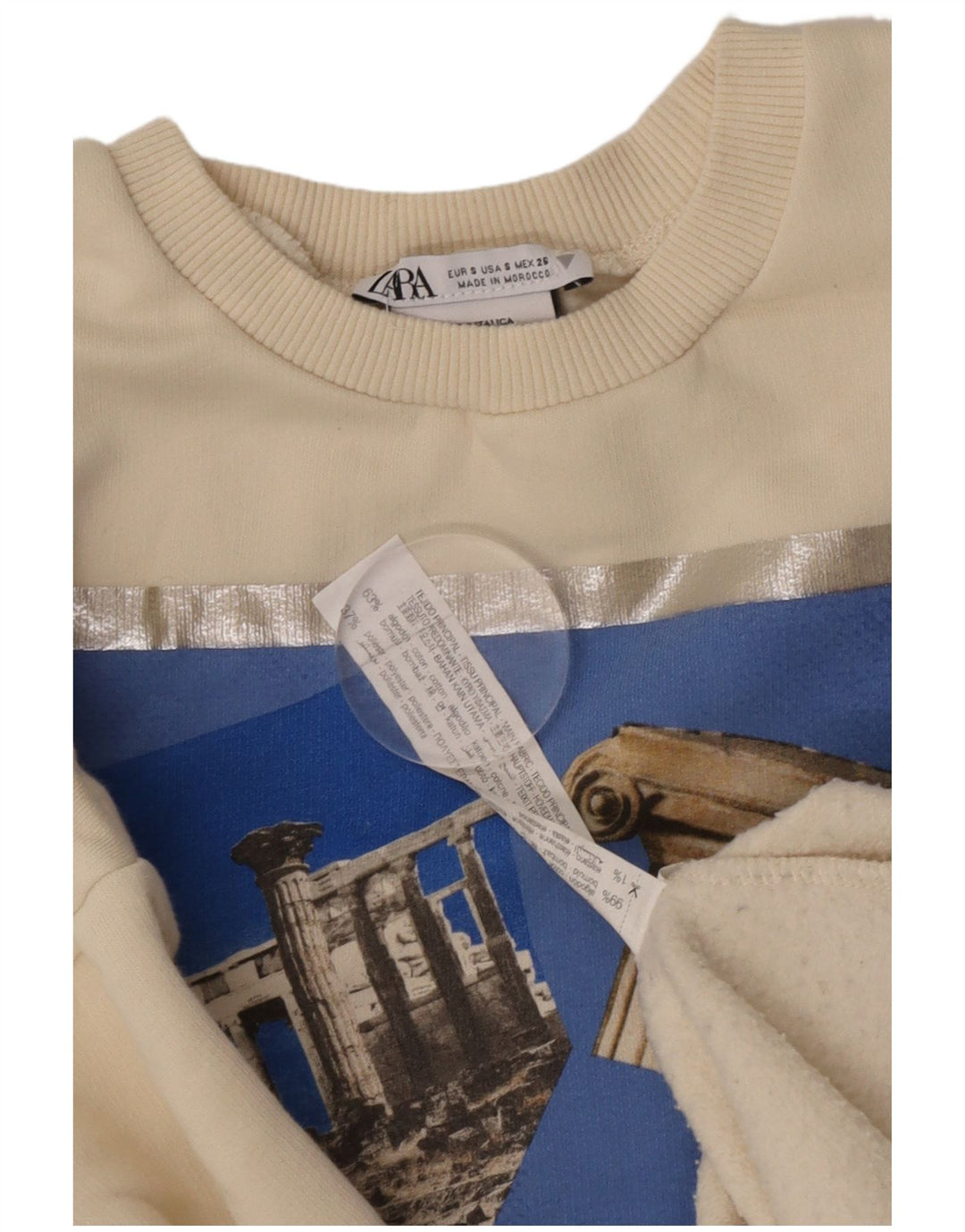 Zara Damen-Sweatshirt mit Grafik, übergroß, Gr. 10, Größe S, gebrochenes Weiß
