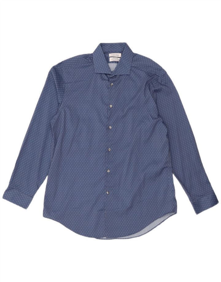 Calvin Klein Herren Slim Fit Hemd Größe 16 1/2 Großes blaues geometrisches Polyester