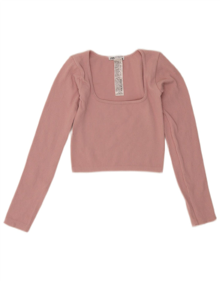 Zara Damen Crop Top Langarm UK 4 XS Rosa Polyamid