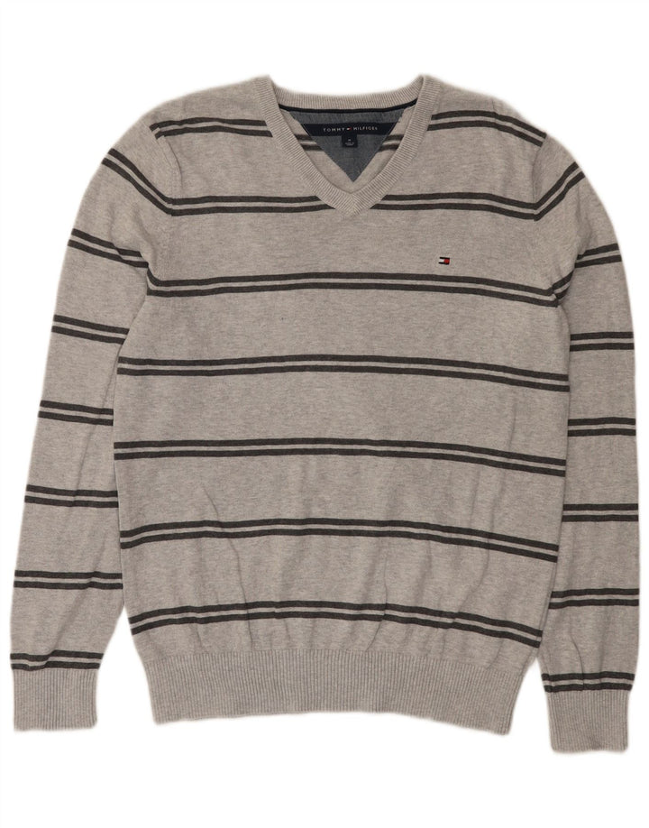 Tommy Hilfiger Herren-Pullover mit V-Ausschnitt, mittelgrau, gestreift, Baumwolle