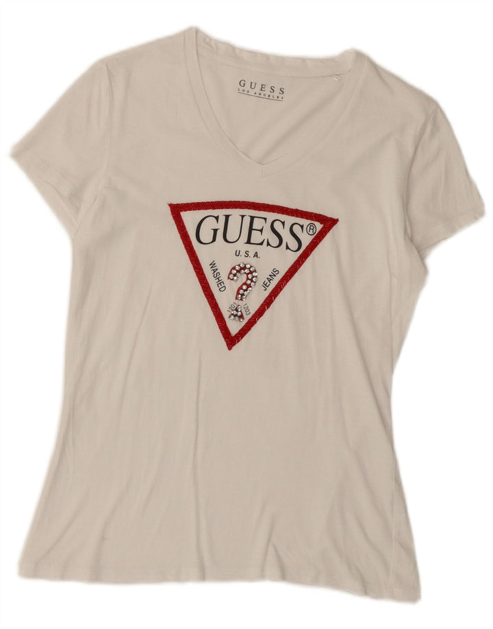 Guess Damen Grafik-T-Shirt-Oberteil UK 12 Medium Weiß