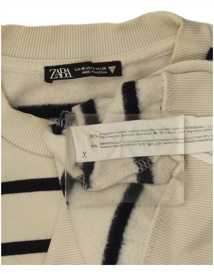 Zara Damen Crop Sweatshirt Pullover UK 14 Mittelweiß gestreifte Baumwolle