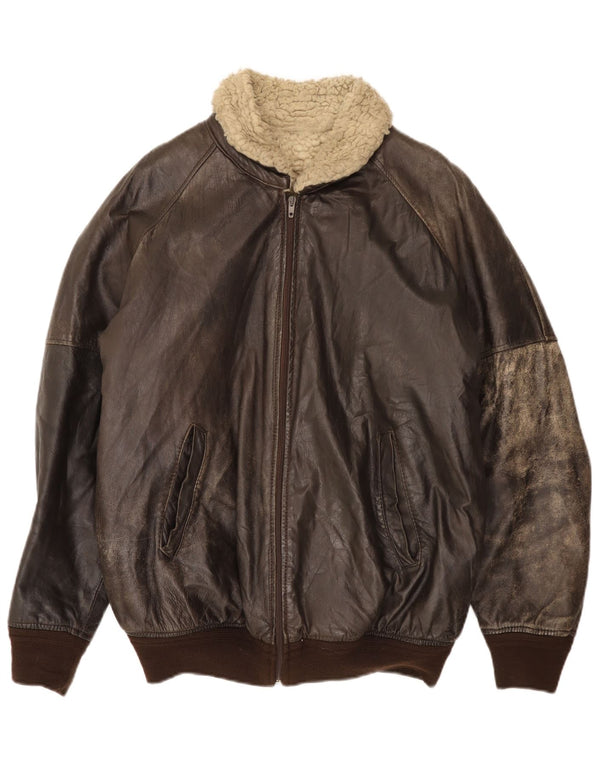 Vintage Herren Leder Sherpa Jacke IT 52 XL Braun