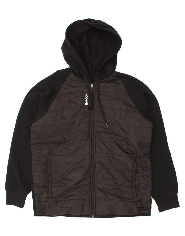 REEBOK Mens Hooded Bomber Jacket UK 38 Medium Black Colourblock Cotton Vintage Reebok and Second-Hand Reebok from Messina Hembry 