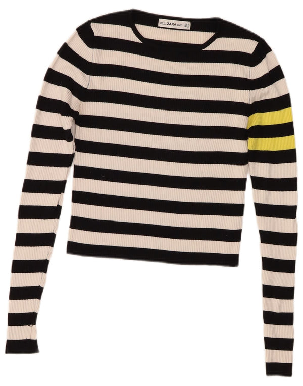 Zara Damen Crop Top Langarm UK 10 Small Marineblau gestreift