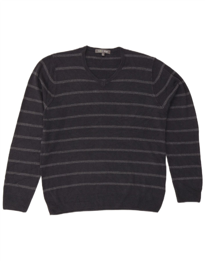 Marks & Spencer Herren-Pullover mit V-Ausschnitt, groß, marineblau, gestreift, Acryl