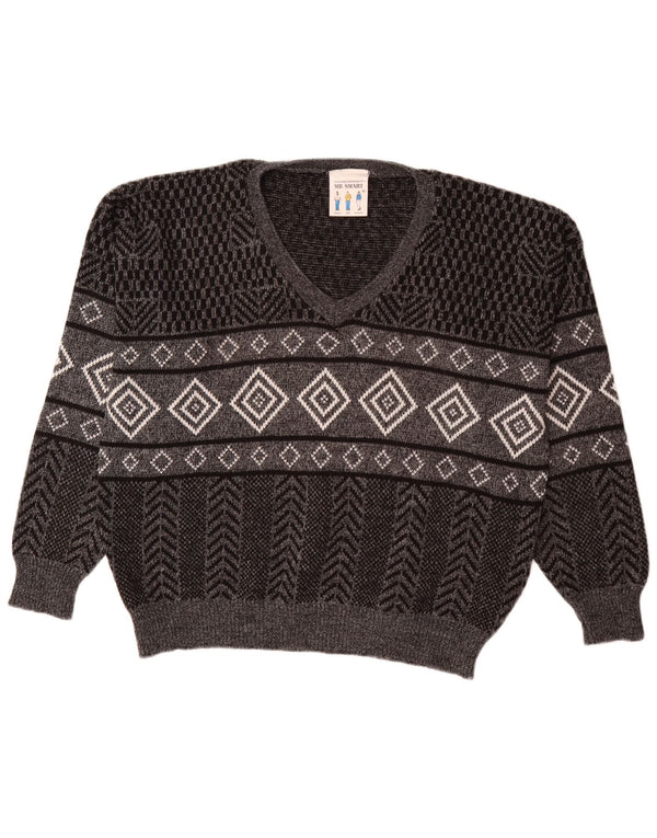 Vintage Herren V-Ausschnitt Pullover Pullover XL Grau Geometrisch Acryl