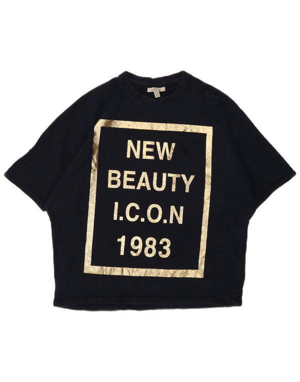 Zara Damen Trafaluc Graphic T-Shirt Top UK 14 Medium Marineblau Baumwolle