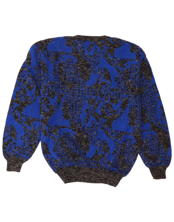 Vintage Womens Crew Neck Jumper Sweater UK 16 Large Blue Geometric Acrylic
